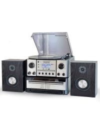 Steepletone HOUSTON Silver 6 in 1 Music Centre, Bluetooth Record Player, Turntable with CD, Cassette, DAB+ Radio